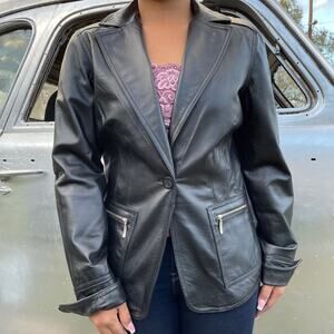 🔥Vintage 90s Y2K CLIO 100% Leather Jacket One Button Rolled Up Cuff Women 10/M